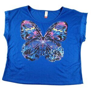 Juniors Blue Knit Top with Sequin Butterfly size Large Sleeveless JH1517